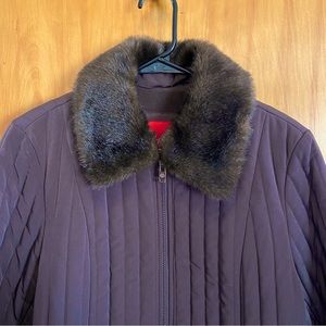 ESPRIT Outerwear Quilted Coat Lined Full Zip Jacket Faux Fur Collar Brown Large